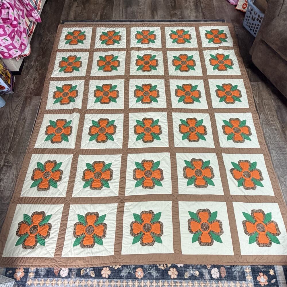 Vintage Flower Quilt Orange, Green, Brown, White 92” X 76” King